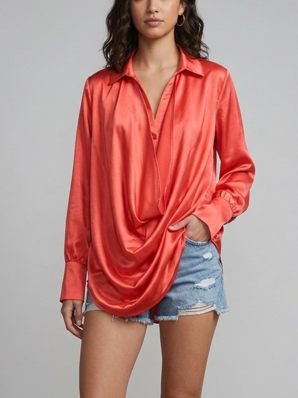 PrettyLittleThing Satin Drape Blouse - Coral Orange